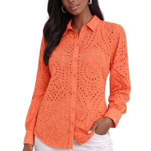 Chico’s Eyelet Lace Button Front Shirt Orange Coral Chicos Size 1 (M) 8/10